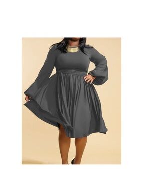 Plus Size Long Sleeve Chiffon Fit & Flare Dress - Gray